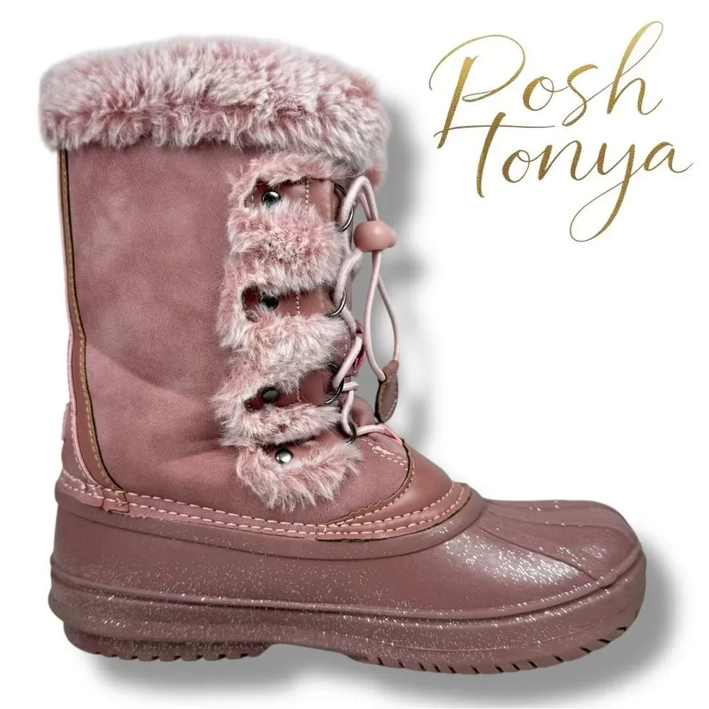 London Fog Faux Fur Winter Boots Pink Suede Size 4 Cabincore Cozy Outdoor